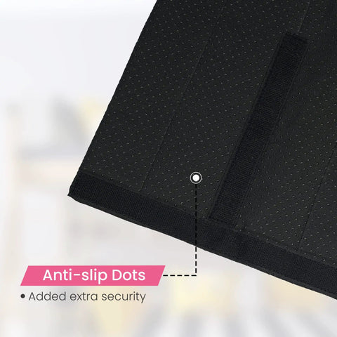 Close-up of anti-slip dots on Foot Friendly Bunk Bed Ladder Pads With Soft Brushed Fabric, black 10x10 inch pad corner.