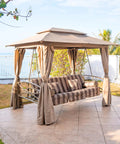 3 Person Outdoor Patio Porch Swing Gazebo with Netting and Curtains, sturdy steel frame, double top canopy, daybed adjustment