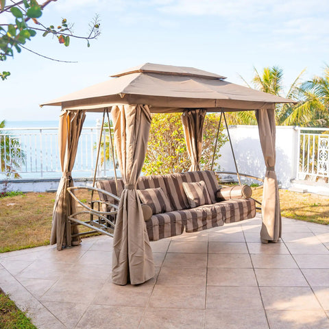 3 Person Outdoor Patio Porch Swing Gazebo with Netting and Curtains, sturdy steel frame, double top canopy, daybed adjustment