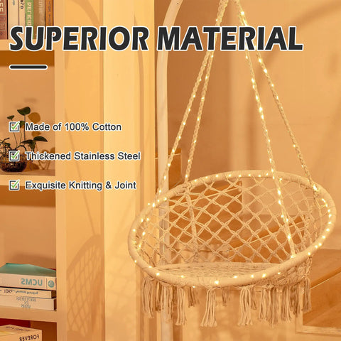 LED Macrame Hammock Chair For Indoor And Outdoor Use, Handmade Cotton Rope Swing With 12m LED String Lights, Large 55x75 Cm Comfort Seat