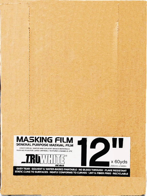 Box of general purpose 12-inch masking film, 180 feet, labeled as bleed-through resistant for Bulk Masking Film Alternative.