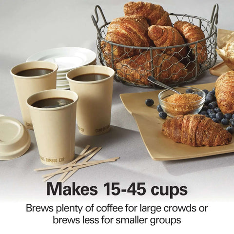 Coffee setup with Party Ready 45 Cup Coffee Urn And Hot Beverage Dispenser cups and pastries on a table