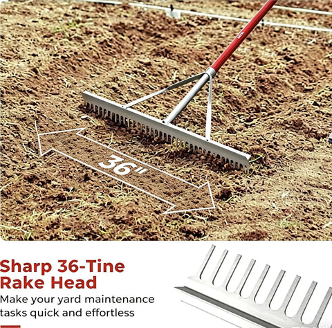 All Aluminum Landscape Rake With 66 Inch Handle And 36 Inch Wide Head for effective soil loosening and weeding in garden