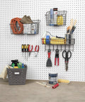 Straight Up Heavy Duty Wire Pegboard Wall Basket Rock Solid Metal Storage Bin For Garage Tools And Workshop Gear Super Handy Dual Mount Setup In Industrial Gray with garage tools and storage.
