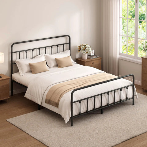 Zero Creak Full Size Metal Bed Frame With Heavy Duty Steel Construction Headboard And Footboard Ready in cozy bedroom setting
