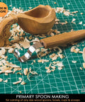 High Carbon Steel Right Handed Hook Knife For Wood Carving Spoon Gouging With Killer Sharp Edge Rugged Oak Handle layout with shavings.