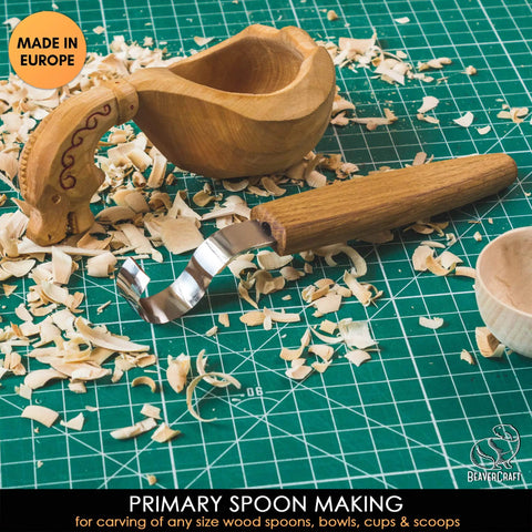 High Carbon Steel Right Handed Hook Knife For Wood Carving Spoon Gouging With Killer Sharp Edge Rugged Oak Handle layout with shavings.