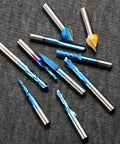 General Purpose CNC Router Bit Set One Quarter Inch Shank Nano Blue Coated Ten Piece Collection spread out on fabric