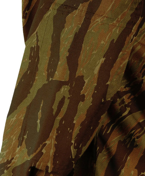 Close-up of Asian Tiger Stripe Camo pattern on Men's Ripstop BDU Uniform Coat Built Tough Military Style Jacket With Four Cargo Pockets Drain Holes.