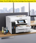 Heavy Duty Wireless Color All In One Supertank Printer With Scanner Copier Fax And Ethernet, sleek white finish on desk.