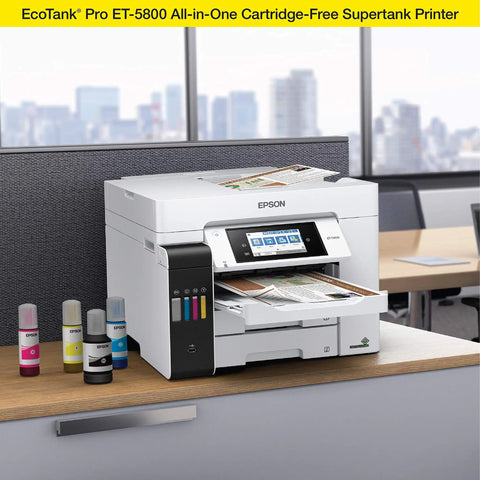Heavy Duty Wireless Color All In One Supertank Printer With Scanner Copier Fax And Ethernet, sleek white finish on desk.