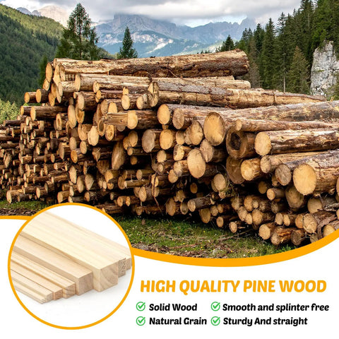 25 Pack Square Wood Dowel Rods 5/16 X 15 Inch Unfinished Pine Craft Sticks for DIY Modeling with high quality pine logs in background.