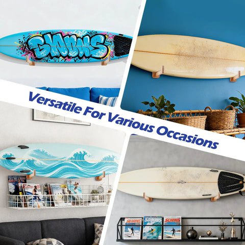 Top Shelf Beech Wood Surfboard Wall Mount Rack With Grippy Non Slip V Pads For Rock Solid Vertical Storage Of Longboards Shortboards Skis And Snow Gear in various settings.