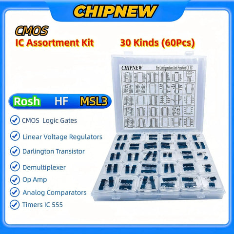 CMOS IC assortment kit with 30 kinds, including logic gates, linear voltage regulators, op amp, and timers in open box.