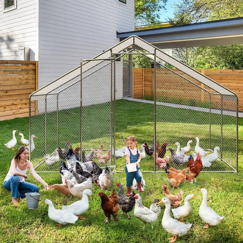 Heavy Duty Large Metal Chicken Coop With Cover Outdoor Run And Spire Roof Enclosure for backyard with chickens and ducks