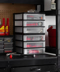 Black Stacking Desk Top 3 Drawer Storage Organizer, 2 Pack, for Makeup Vanity, Office, stacked with tools in garage.