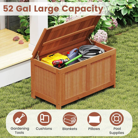 52 Gallon Outdoor Storage Bench With Flip Top For Cushions And Pool Supplies, shown with gardening tools stored inside.