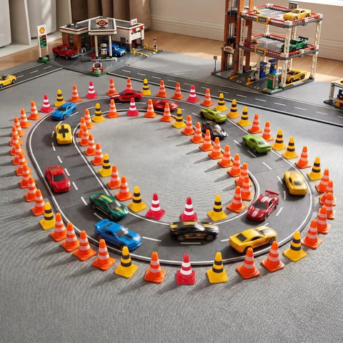 Mini traffic cones in bright colors surround a toy race track where colorful cars are racing. Kick Off Your Events With These Durable Mini Traffic Cones Bulk Pack Designed For Birthday Parties Classroom Drills And Hobby Track Layouts Ready To Roll Anytime Featuring Bold Assorted Colors Straight Up Tough Build.