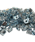 Pro Grade Snap In 10-32 Zinc Plated Cage Nuts 100 Pack For Server Rack Frames and Network Cabinet Mounting Hardware, close-up view.