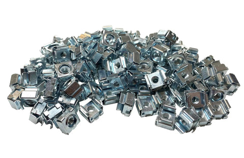 Pro Grade Snap In 10-32 Zinc Plated Cage Nuts 100 Pack For Server Rack Frames and Network Cabinet Mounting Hardware, close-up view.