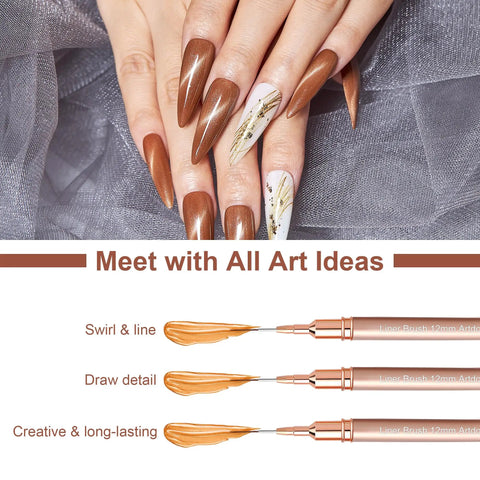 Gold Metallic Nail Art Pens And Liner Brush Set 5Pcs Premium Pro Grade Nail Tools showcased with detailed nail art designs.