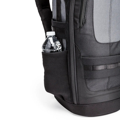 Side view of Glass Limo Camera Backpack For Pro DSLR Gear With Tripod Mount Fits Large Tele Lenses showing pocket with water bottle