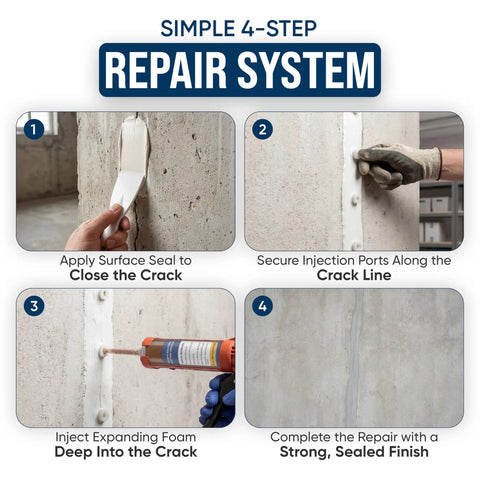 4-step process of using DIY Basement Crack Injection Kit For Fast Foundation Repair, Polyurethane Leak Seal System Stops Active Water Leaks In Foundation Walls, Easy No Dig Injection Repair For Home Projects, showing application and injection of sealant into basement wall.