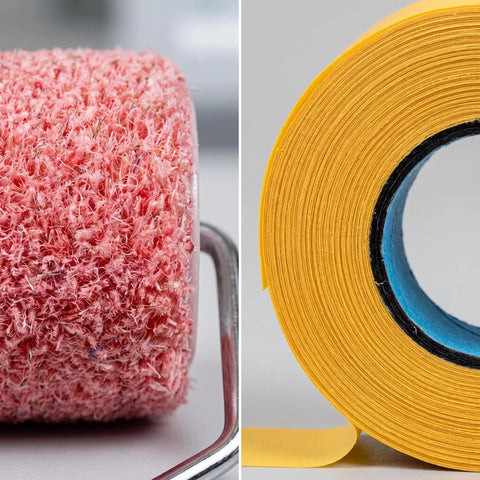 Slick Wall Texture Roller For Interior Painting With Adhesive Masking Paper Heavy Duty Build close-up of texture roller and tape.
