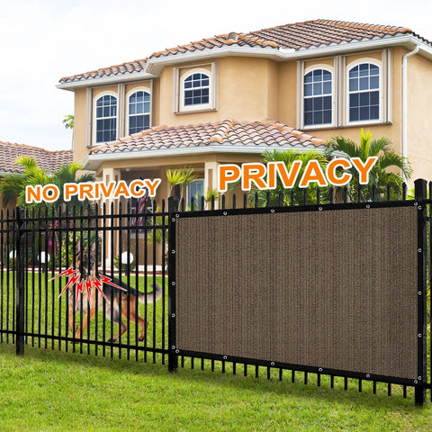 Heavy Duty Ninety Percent Shade Cloth for Patio and Garden 10 By 12 Ft Pergola Shade Cover With Grommets Sun Screen Tarp for Outdoor Deck Backyard Mocha Color shows privacy comparison on fence