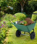 Two Wheel Wheelbarrow Garden Cart With 330 Lbs Capacity And 21 Gallon Volume Heavy Duty Yard Dump Cart in a garden with tools