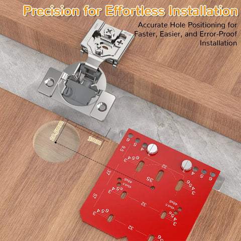 60 Pack Overlay Soft Close Cabinet Hinges with installation template showing precise hole positioning on a wooden surface.