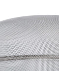 Close-up of fine mesh on Fine Mesh Strainer 8 Inch Diameter With Deep Bowl In Stainless Steel Tan And Silver Handle Hanging Loop And Sturdy Wire