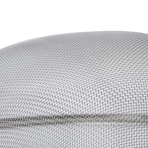 Close-up of fine mesh on Fine Mesh Strainer 8 Inch Diameter With Deep Bowl In Stainless Steel Tan And Silver Handle Hanging Loop And Sturdy Wire