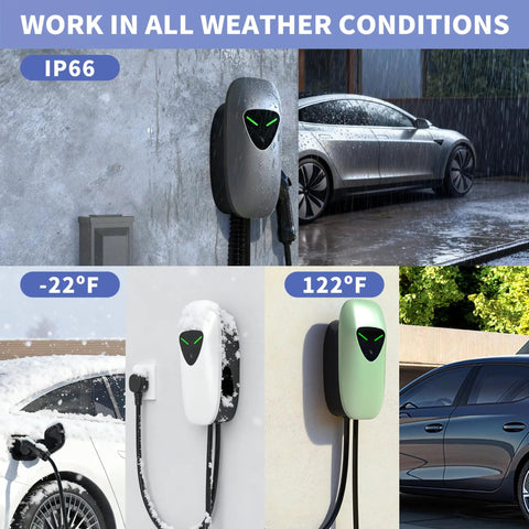 Fast Level 2 EV Charger 48 Amp Hardwired With 25Ft Cable WiFi App Control RFID Card Access showing weatherproof design