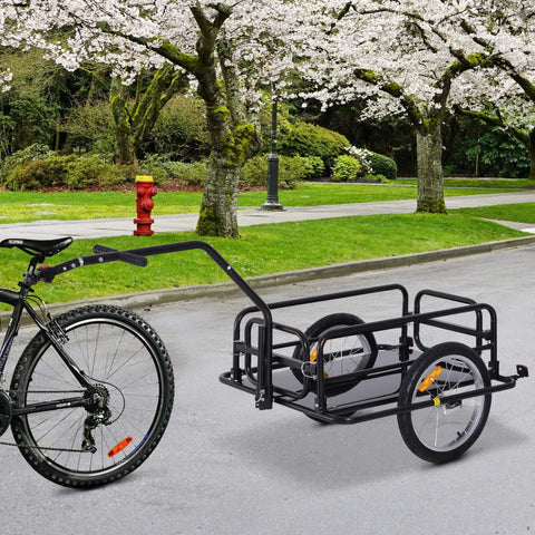 Foldable Bike Cargo Trailer With Hitch Tow-Behind Wagon, 88 Lb Capacity, Black Utility Cart attached to bike near cherry blossoms