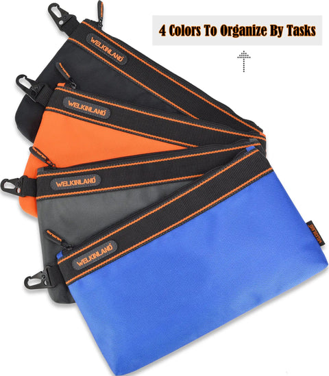 4 Pack Small Tool Pouches Set With Clips Heavy Duty Electrician Tool Bags Zippered Pouches For DIY Projects, four colors shown