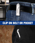 Three Piece Quick Change Folding Pocket Utility Knife Set with belt clip attached to jeans, showing compact design.