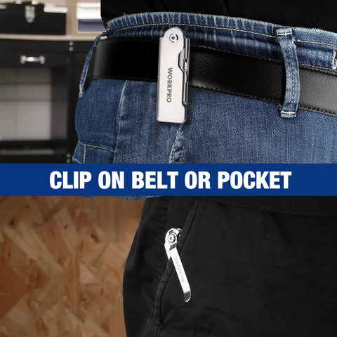 Three Piece Quick Change Folding Pocket Utility Knife Set with belt clip attached to jeans, showing compact design.