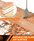 Go-To Spade Drill Bit Set for Woodworking, 13-Piece Alloy Steel Paddle Bits demonstrating wood drilling on various surfaces