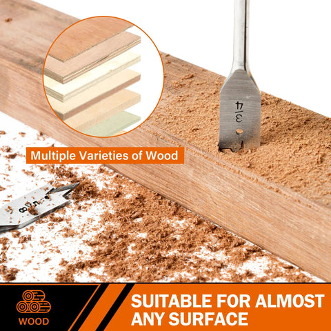 Go-To Spade Drill Bit Set for Woodworking, 13-Piece Alloy Steel Paddle Bits demonstrating wood drilling on various surfaces