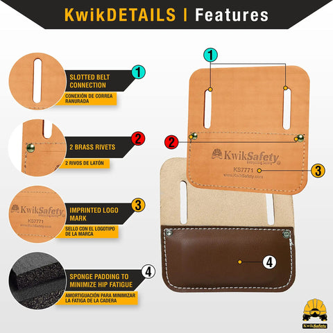 TIKO Tie Wire Reel Pad With Lightweight Leather Hip Pad showing slotted belt connection, brass rivets, and sponge padding details.