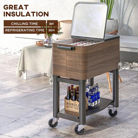 Rolling Outdoor Cooler Cart With Locking Wheels 60 Quart Portable Ice Chest Rugged Steel Patio Beverage Cooler shown on patio