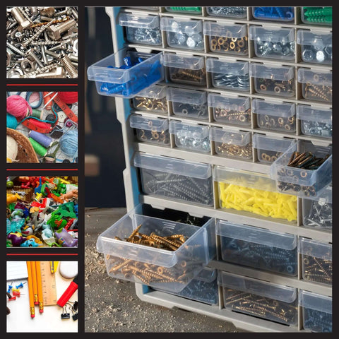 39 Drawer Plastic Small Parts Organizer with desktop or wall storage, filled with hardware and crafts, black and stackable