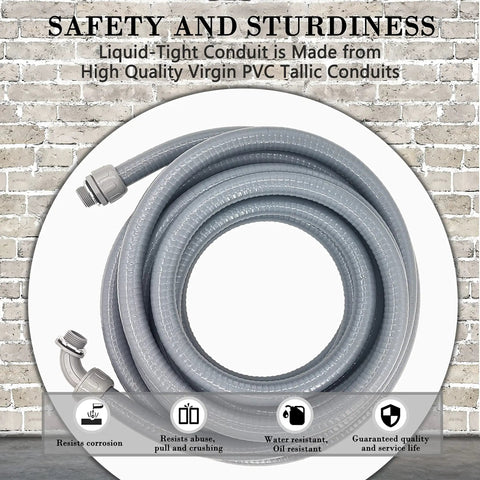 Coiled Liquid Tight PVC Conduit Kit 3 Quarter Inch 25 Feet With 4 Straight And 3 90 Degree Connectors displayed on a brick wall.