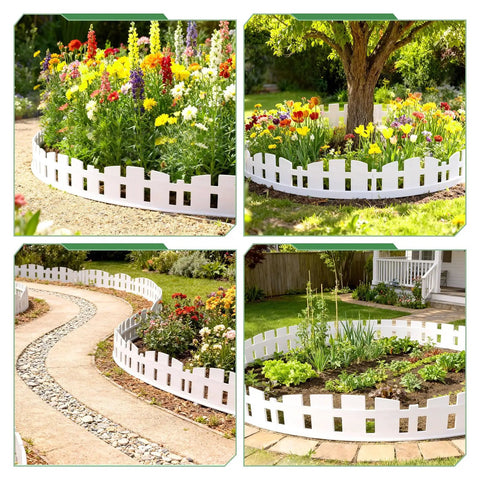 33 Foot White Plastic Garden Edging Border Kit With 60 Stakes No Dig Lawn Border For Flower Beds And Landscaping 4 Inch Tall Decorative Edge To Define Garden Borders Quick Install And Durable Outdoor Border displayed in colorful garden settings