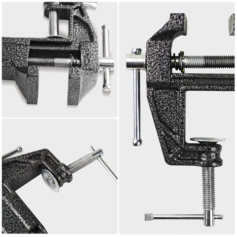 Close-up views of 2 In 1 Mini Bench Vise And Hook Sharpener For Diyers, Portable Jeweler Table Clamp, Small Hobby Bench Vice For Woodworking, Drilling, Metalworking And Sawing, Compact Craft Repair Tool For Home Projects, showing jaw and clamp details.