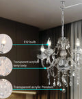 Five Light Crystal Pendant Chandelier With Acrylic Beads, Plug In Pendant Lights, clear cord and E12 bulbs in room setting.