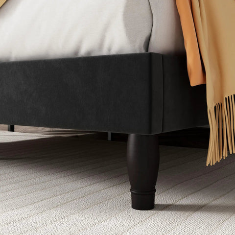 Queen Bed Frame With Fly Velvet Upholstery, adjustable diamond tufted headboard, heavy duty steel accents, solid wood slat base, sleek matte black leg
