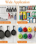 Extra Thick Quarter Inch Pegboard Hooks 80 Pack Set In 2, 4, 6, And 8 Inch Sizes Black Heavy Duty L Shaped Pegboard Hooks For Hanging Tools In Garage Kitchen Gym And Store Wall Organizer holding tools, pans, and supplies on pegboard for wide application.