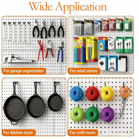 Extra Thick Quarter Inch Pegboard Hooks 80 Pack Set In 2, 4, 6, And 8 Inch Sizes Black Heavy Duty L Shaped Pegboard Hooks For Hanging Tools In Garage Kitchen Gym And Store Wall Organizer holding tools, pans, and supplies on pegboard for wide application.